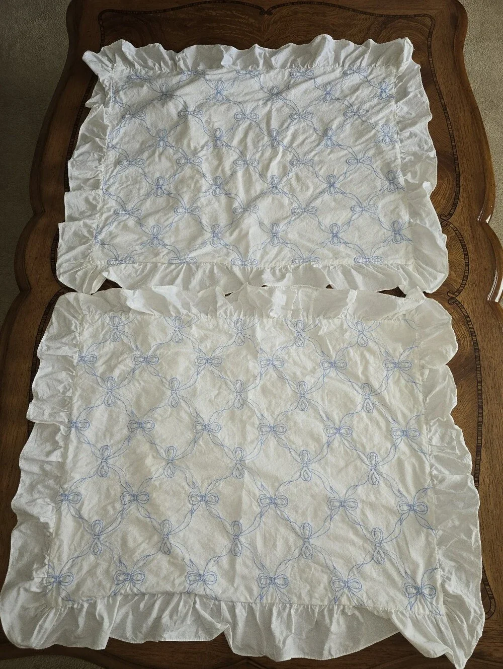 Vintage Hand Embroidered Light Blue Bow Pillow Shams, Set of 2, Fits Standard